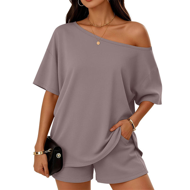 Women's Drop-Shoulder Slant-Neck Top & Shorts Set