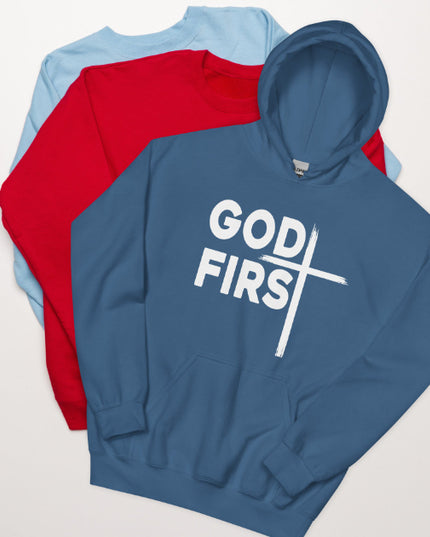 "God First" Christian Unisex Hoodie – 4 Colors, Sizes S–3XL