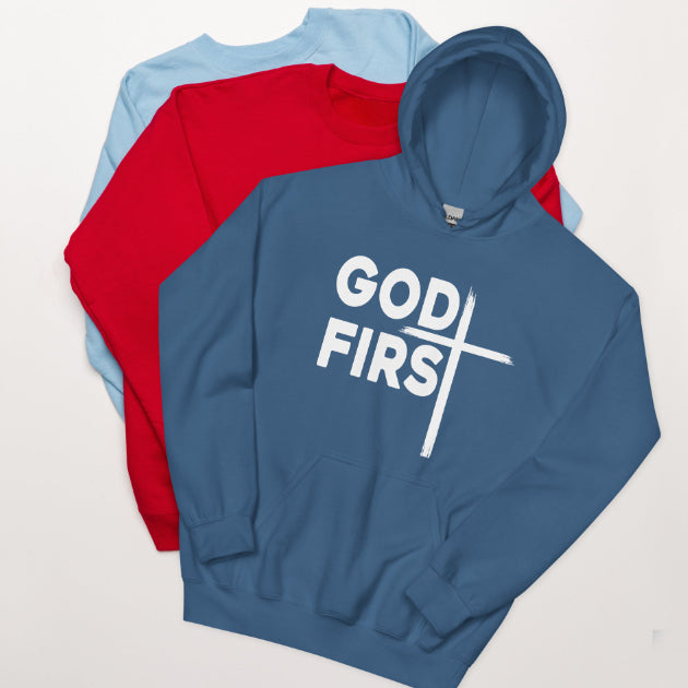"God First" Christian Unisex Hoodie – 4 Colors, Sizes S–3XL