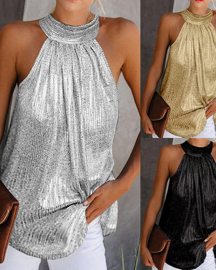 Women's Shiny Sleeveless Vest Top – Black, Silver, Gold & Leopard, S–XXL