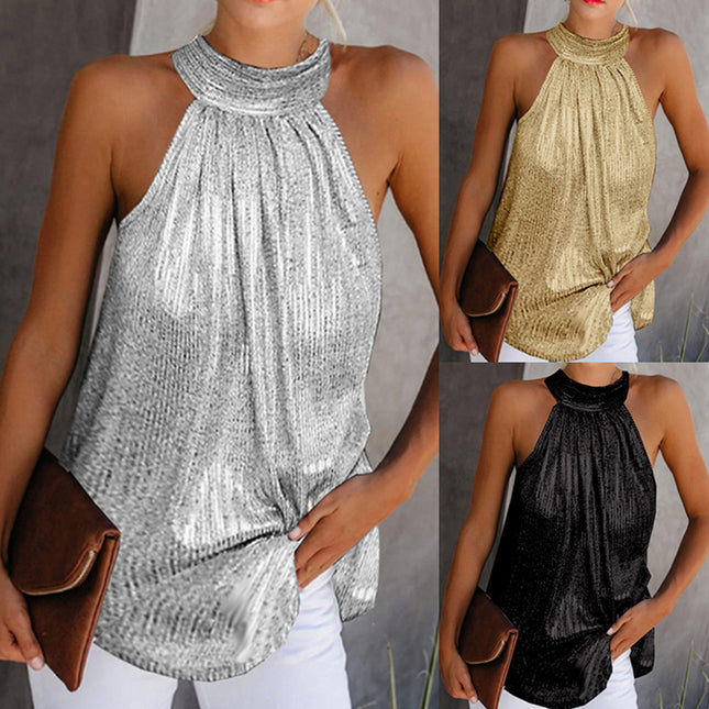 Women's Shiny Sleeveless Vest Top – Black, Silver, Gold & Leopard, S–XXL