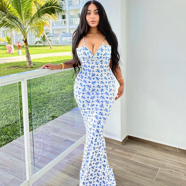 Floral Print Backless Fishtail Maxi Dress