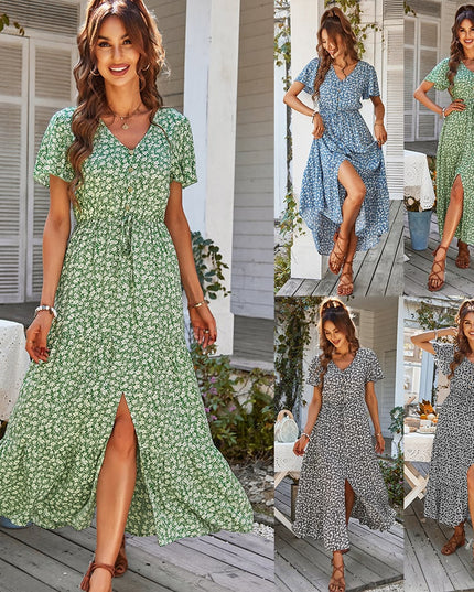 Women's Cotton V-Neck Drawstring Midi Dress – High Waist, Swing Skirt, 4 Colors