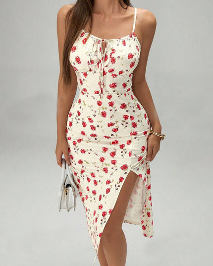 Printed Lace-Up Split Midi Dress