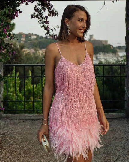 Sequin Feather Tassel Mini Dress | Spaghetti Strap V-Neck Party Dress for Women
