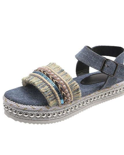 Women's Tassel Denim Flat Sandals – Thick Sole, Buckle Closure, Boho Style, 2 Colors, US 6–11