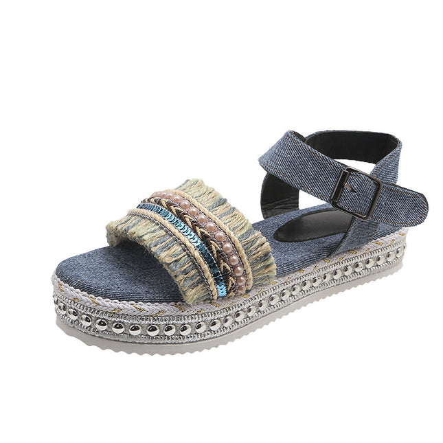 Women's Tassel Denim Flat Sandals – Thick Sole, Buckle Closure, Boho Style, 2 Colors, US 6–11