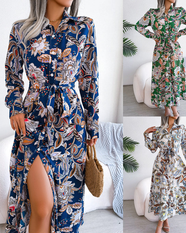 Women's Vintage Floral Tie-Up Shirt Dress – Lapel Collar, Long Sleeve, 3 Colors
