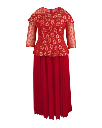 Women's Elegant Lace 3/4 Sleeve Pleated Midi Dress