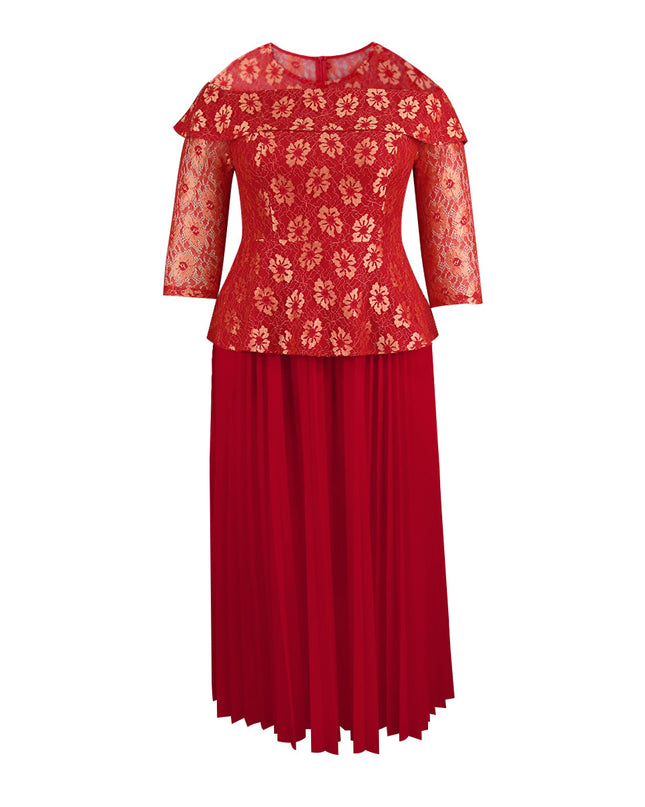 Women's Elegant Lace 3/4 Sleeve Pleated Midi Dress