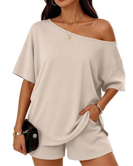 Women's Drop-Shoulder Slant-Neck Top & Shorts Set