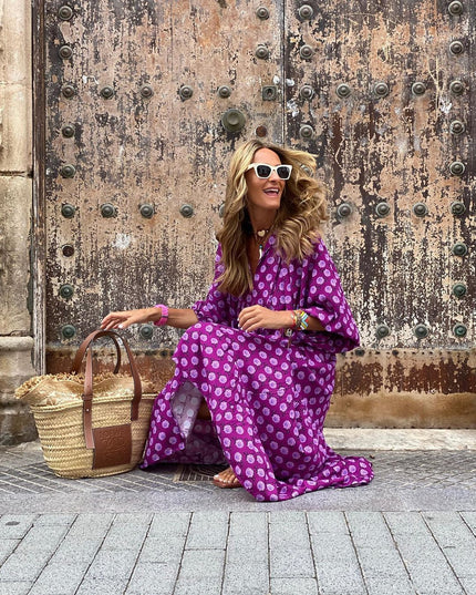 Vintage Floral Bohemian Maxi Dress | V-Neck Short Sleeve Long Dress for Women