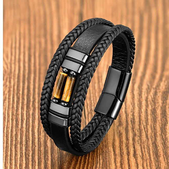 Stainless Steel Magnetic Buckle Tiger's Eye Leather Bracelet
