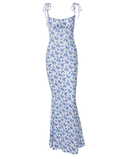 Floral Print Backless Fishtail Maxi Dress