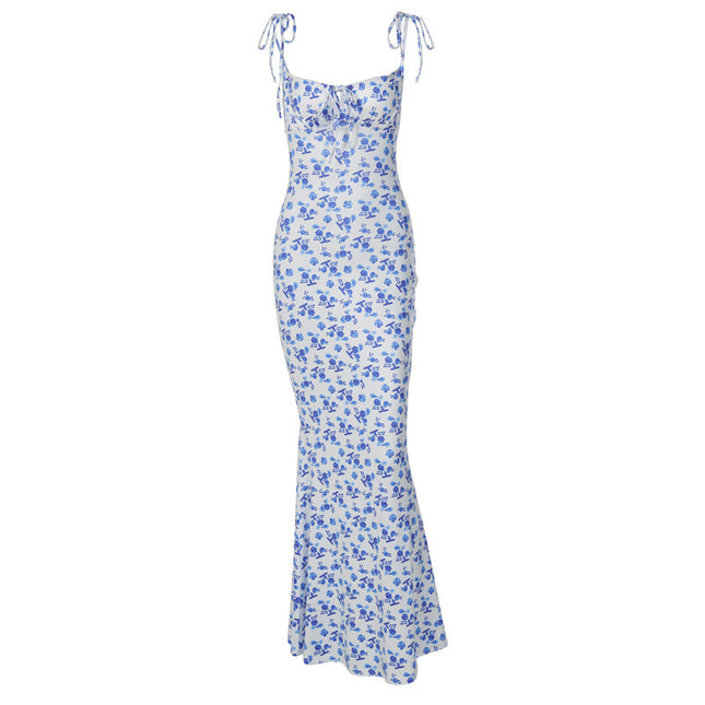 Floral Print Backless Fishtail Maxi Dress