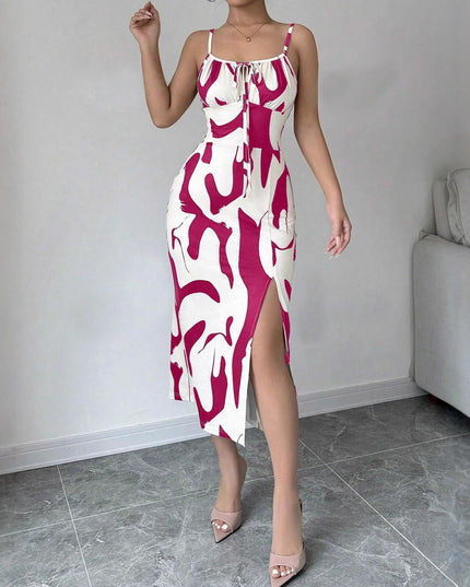 Printed Lace-Up Split Midi Dress