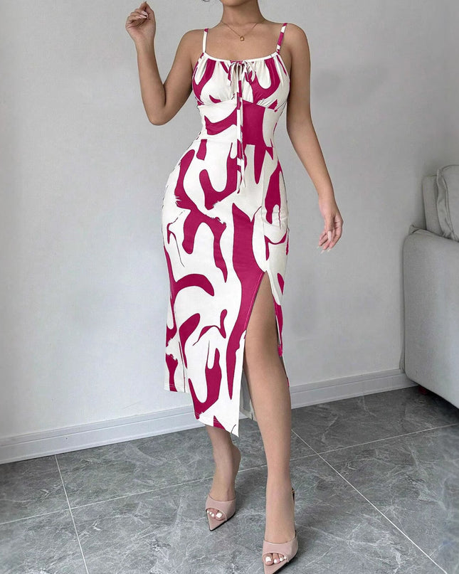 Printed Lace-Up Split Midi Dress