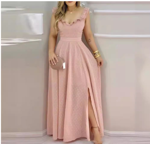 Women's Sleeveless V-Neck Swing Maxi Dress – White & Pink, S–XL