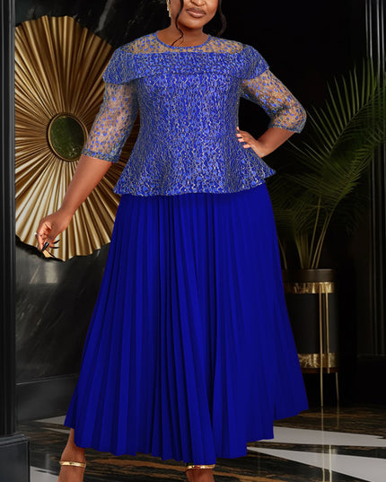 Women's Elegant Lace 3/4 Sleeve Pleated Midi Dress