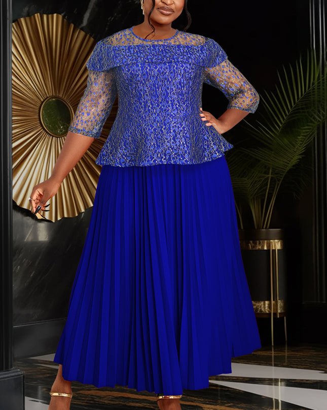 Women's Elegant Lace 3/4 Sleeve Pleated Midi Dress