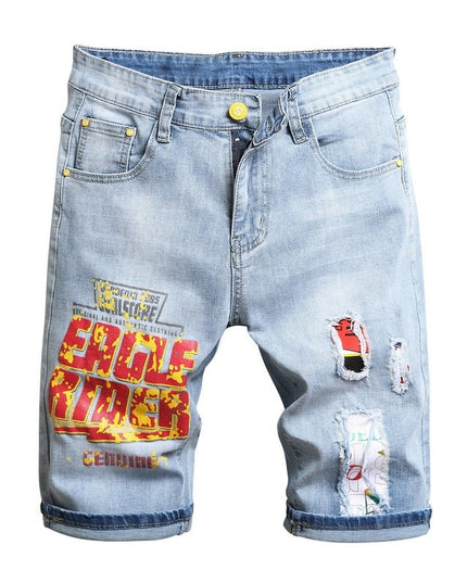Men's Stretch Denim Five-Point Shorts – Embroidered & Printed, 4 Styles, Sizes 28–38