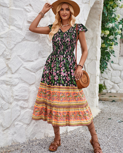 Floral Print V-Neck Ruffle Dress – Sleeveless Boho Beach Dress