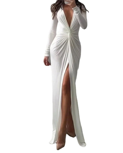 Women's V-Neck High Slit A-Line Dress – Waist-Cinching, 4 Colors, S–XL