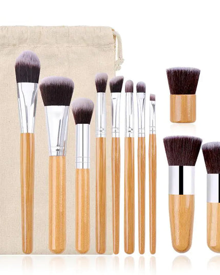 11-Piece Bamboo Handle Makeup Brush Set with Pouch