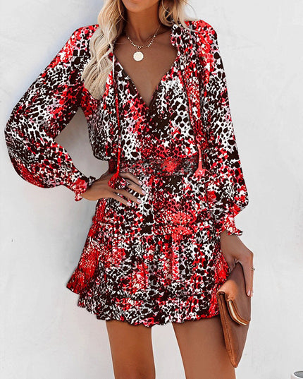 Women's Floral & Leopard Print Puff Sleeve Waist-Tie Dress