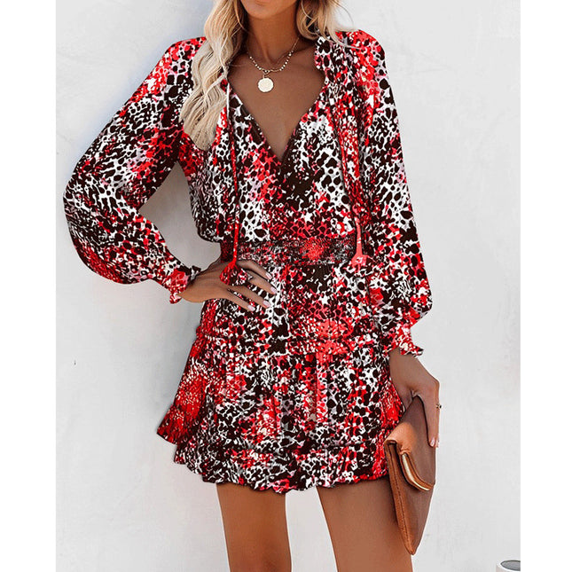 Women's Floral & Leopard Print Puff Sleeve Waist-Tie Dress