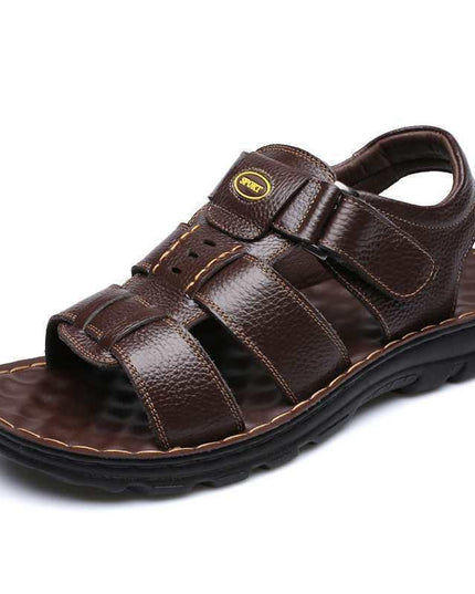 Men's Genuine Leather Open-Toe Velcro Sandals – Non-Slip, Breathable, 2 Colors, US 6–11