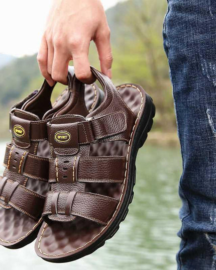 Men's Genuine Leather Open-Toe Velcro Sandals – Non-Slip, Breathable, 2 Colors, US 6–11