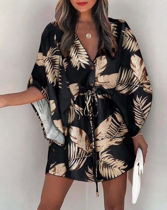 Women's Silk A-Line Printed Dress – V-Neck, Flying Sleeves, S–XXXL
