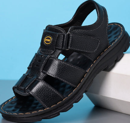 Men's Genuine Leather Open-Toe Velcro Sandals – Non-Slip, Breathable, 2 Colors, US 6–11