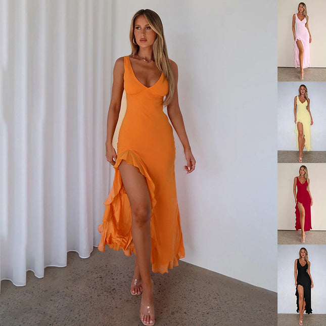 Ruffle Split Suspender Dress – Slim-Fit V-Neck Evening Party Dress