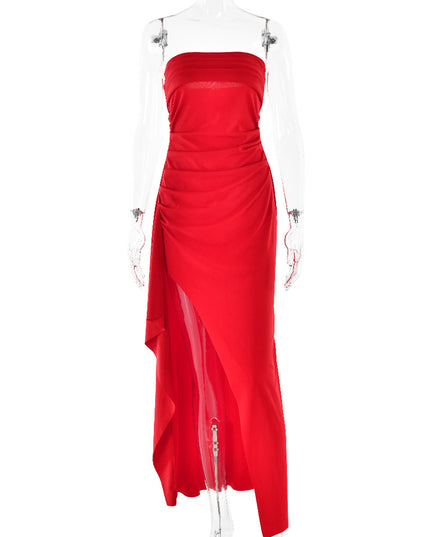 Strapless Backless Maxi Dress – Pleated A-Line Split Gown