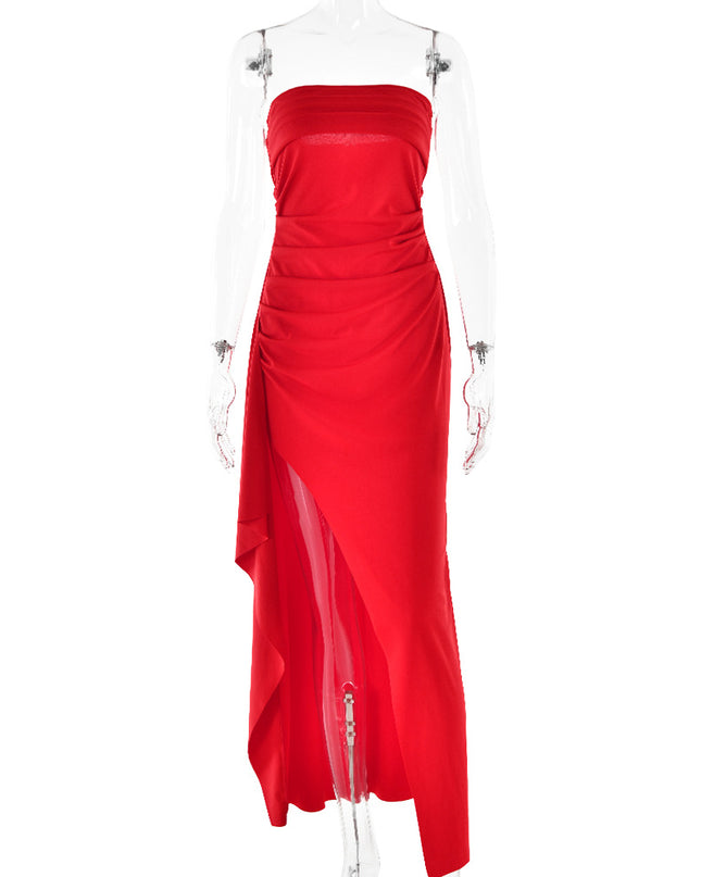 Strapless Backless Maxi Dress – Pleated A-Line Split Gown