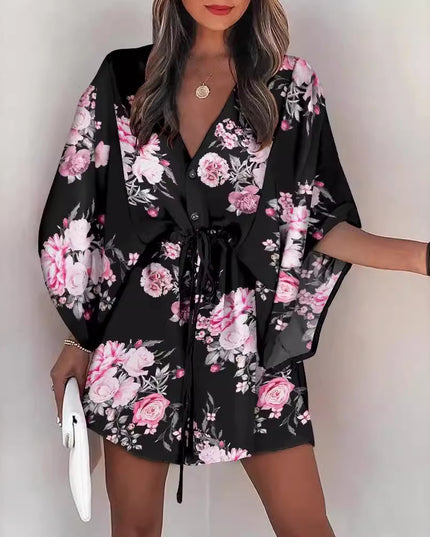 Women's Silk A-Line Printed Dress – V-Neck, Flying Sleeves, S–XXXL