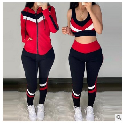 Women's 3-Piece Striped Casual Hoodie Set – Bra, Coat & Pants | 5 Colors, S–XL