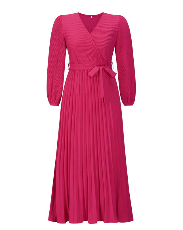Women's V-Neck Long Sleeve Pleated A-Line Dress – Ice Silk, 5 Colors, S–XXL